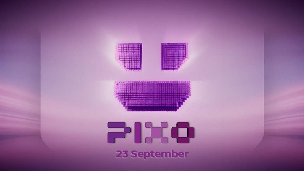 Purple teaser graphic for Nissan PIXO. A stylised pixelated smiley face glows against a purple gradient background above the PIXO logo. The text “23 September” appears beneath the logo, announcing the vehicle’s reveal date. The design uses pixel-inspired graphics and neon lighting effects.