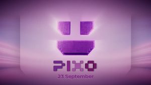 Purple teaser graphic for Nissan PIXO. A stylised pixelated smiley face glows against a purple gradient background above the PIXO logo. The text “23 September” appears beneath the logo, announcing the vehicle’s reveal date. The design uses pixel-inspired graphics and neon lighting effects.