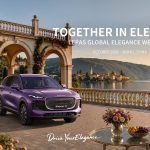 Az első LEPAS Global Elegant Lifestyle Week hivatalos grafikája lila LEPAS L8 modellel és a TOGETHER IN ELEGANCE felirattal