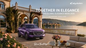 Az első LEPAS Global Elegant Lifestyle Week hivatalos grafikája lila LEPAS L8 modellel és a TOGETHER IN ELEGANCE felirattal