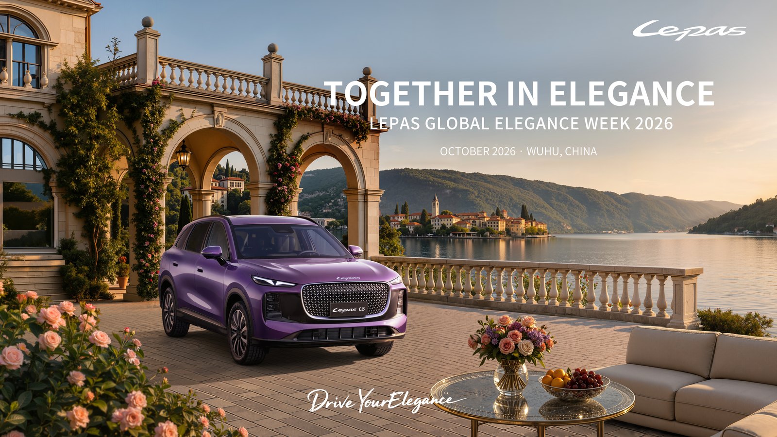 Az első LEPAS Global Elegant Lifestyle Week hivatalos grafikája lila LEPAS L8 modellel és a TOGETHER IN ELEGANCE felirattal